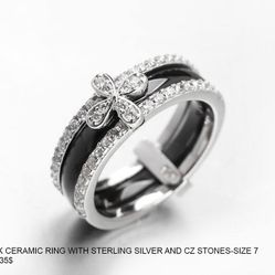 BLACK CERAMIC RING WITH STERLING SILVER AND CZ STONES-SIZE 7