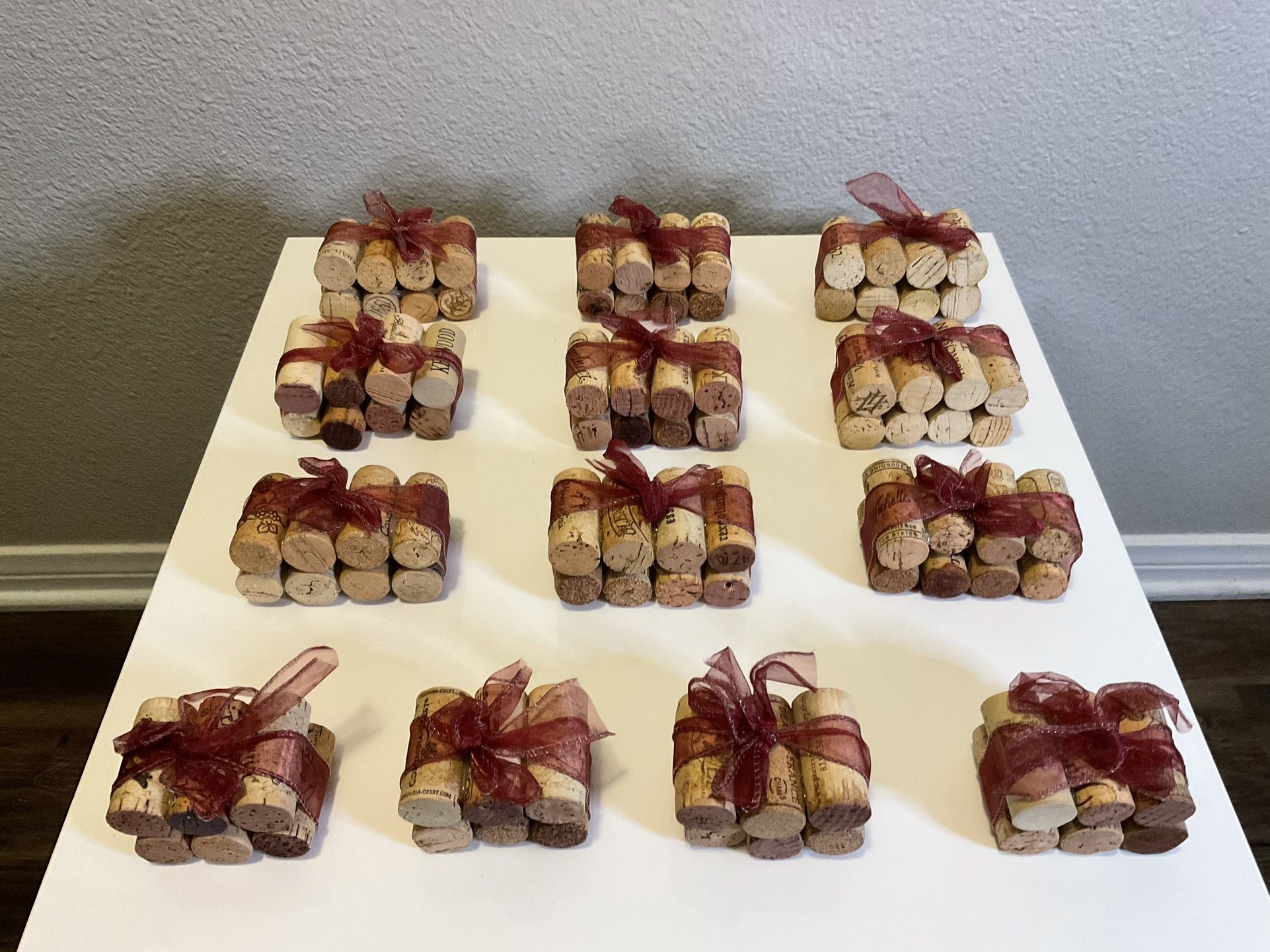 Party / Wedding Decor / Wine Corks Wrapped In Burgundy Ribbon Used For Table Numbers Or Table Decorations