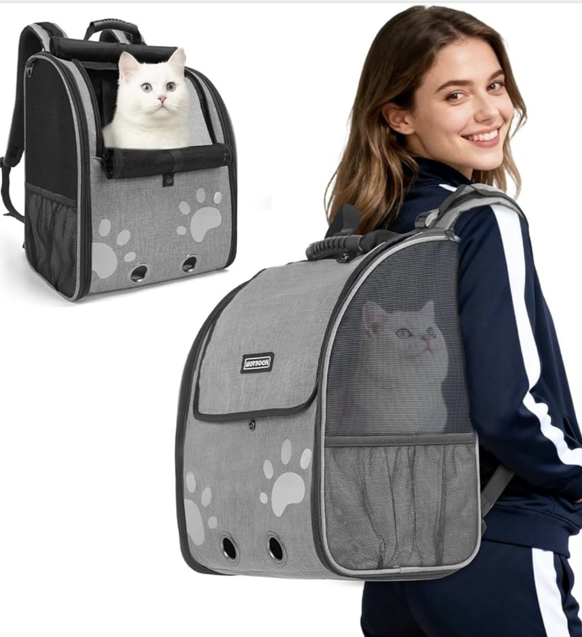 Cat Backpack Carrier with Comfort Handle, Ventilated Cat Backpack with Reflective Strips, with Chest and Shoulder Buckles, Foldable Cat Carrying Backp
