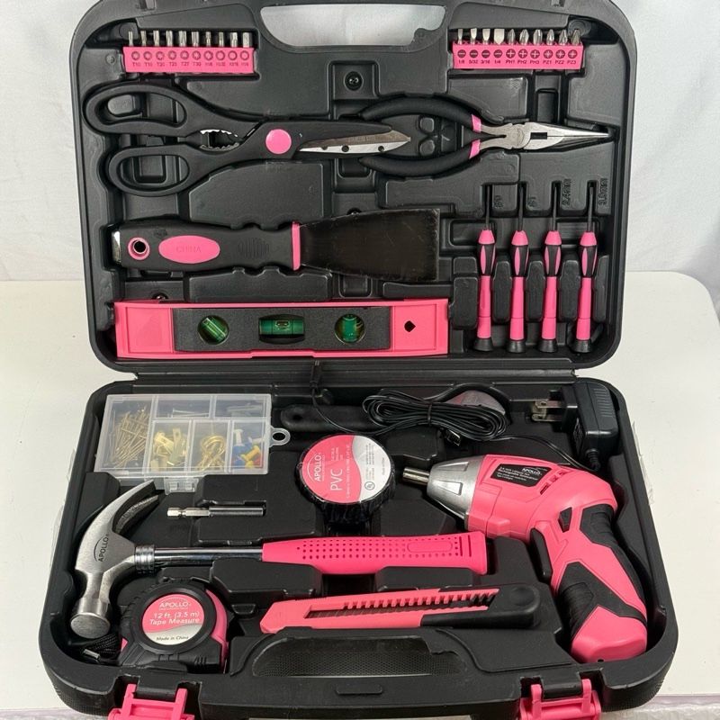 135-Piece Pink Hand Tools Set with Cordless Screwdriver & Dual-Angle Pivoting