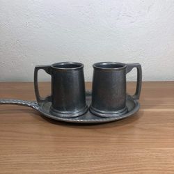 3-Piece Stainless Steel Pewter Serving Set of 2 Cups w/ Tray