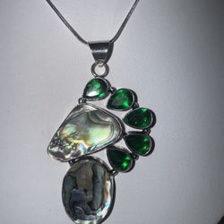 NEW Abalone & Synthetic Emerald Pendant Set in .925 