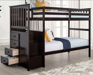 Brand New Espresso Twin Size Bunk Bed w Staircase