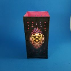 Metal Luminary, Candle Holder, Bright Pink Inner Color, Latching Door  