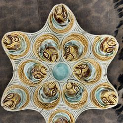 19th Century French Fish Heads Oyster Plate in Palissy Majolica, 1890s