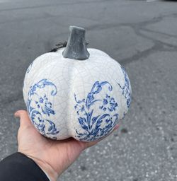 Blue And White Ceramic Pumpkin Fall Decor.