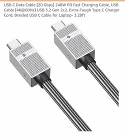 USB C Data Cable [20 Gbps] 240W PD Fast Charging Cable, USB Cable [4K@60Hz] USB 3.2 Gen 2x2, Extra-Tough Type C Charger Cord, Braided USB C Cable for 