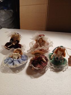 Set of 6 Miniature Porcelain Dolls with Lace Dresses