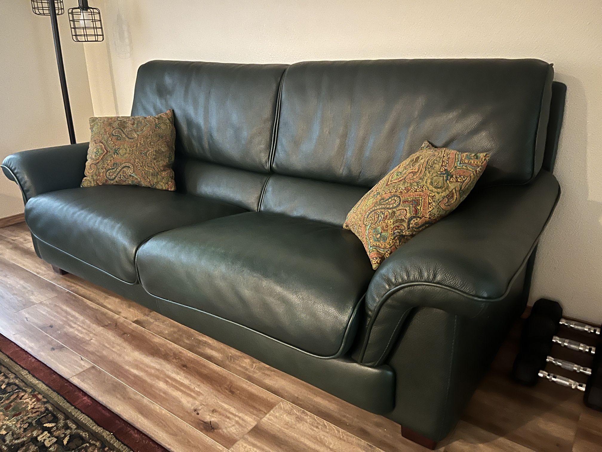 TWO Forest Green Genuine Leather Couches - Free Delivery!