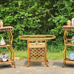 Pair Vintage Mid-Century Bamboo & Rattan Wicker Etagere Shelf - Plant Stands