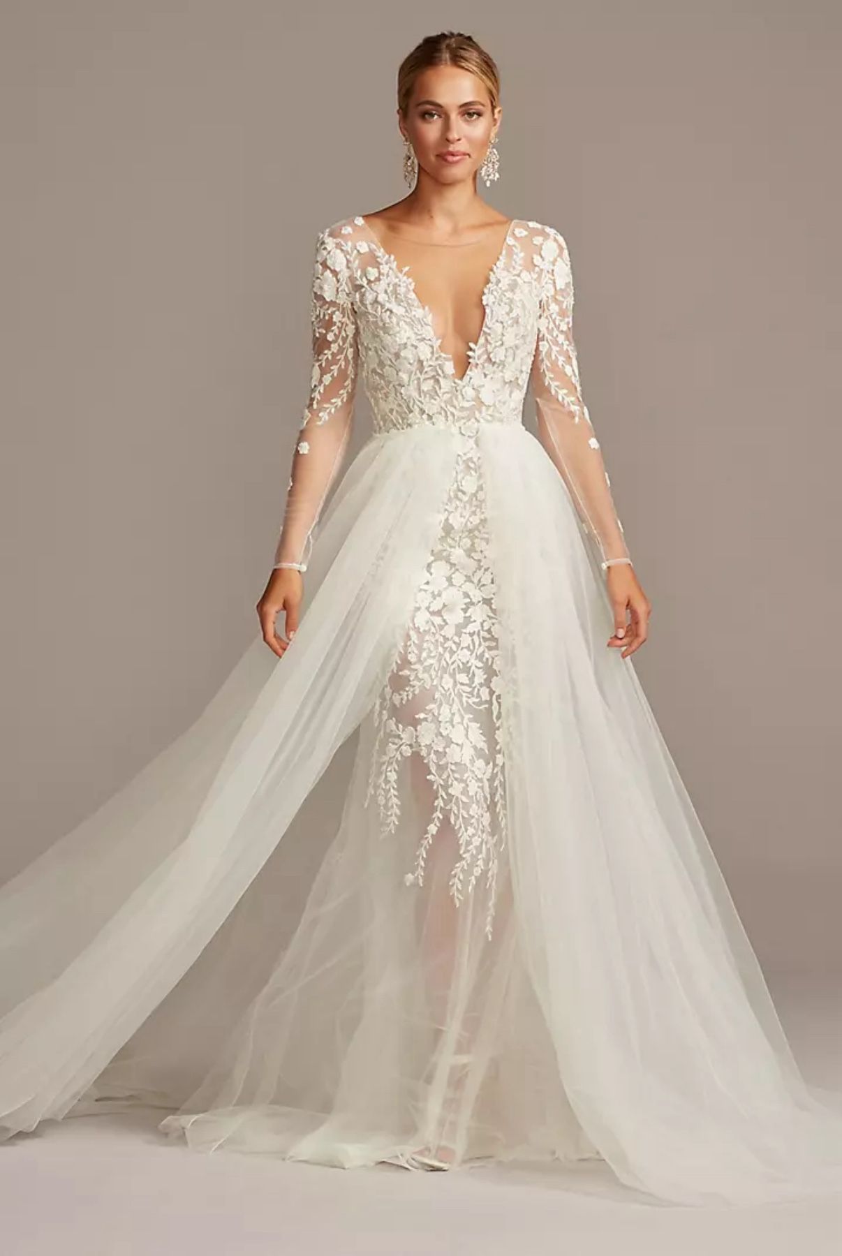 sheer beaded bodice lace wedding dress galina signature Strappy-Back Long Prom Dress with Pearl Embellishments White / 2