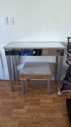 Mirrored Vanity Table with Upholstered Stool