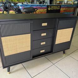47” W Large Rattan Sideboard Buffet Cabinet with 4 Drawers and 2 sliding Doors, Boho Long Credenza Cabinet for Dining Room, Coffee Bar Table with Stor