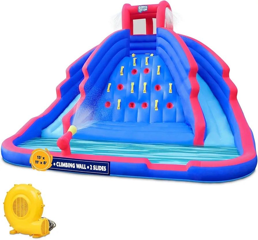Sunny & Fun Ultra Climber Inflatable Water Slide Park – Heavy-Duty for Outdoor Fun - Climbing Wall, Two Slides & Splash Pool – Easy to Set Up & Inflat