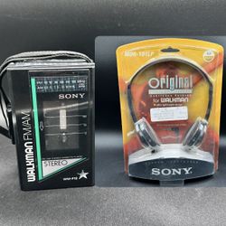 Sony Walkman WM-F12 FM/AM Cassette Player & New Headphones MDRIOILP