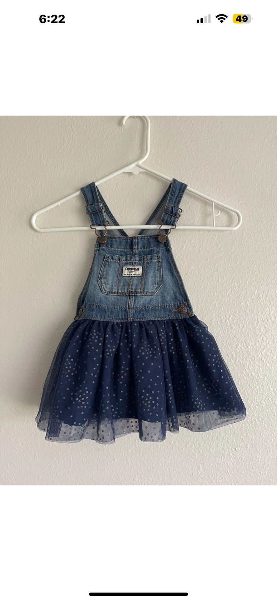 OshKosh Girls Denim Blue Jean Jumper Dress 2T Overalls Tulle Gold Dots 24m