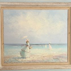 Impressionistic Oil Painting on Canvas Titled "Women on the Beach", Signed by the Artist J. Miller