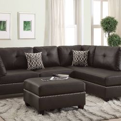 Brown Faux Leather Sectional Sofa With Ottoman (Free Delivery)