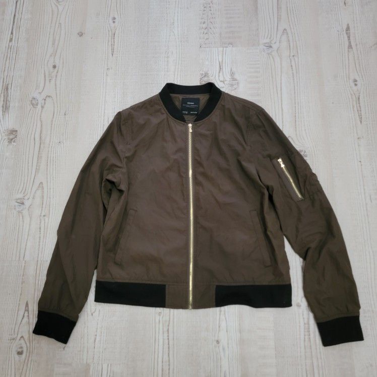 Zara Khaki Olive Brown Bomber Jacket with Black Trim
