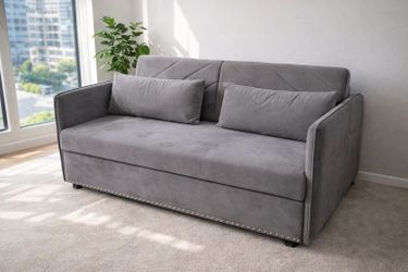 MH Sleeper Sofa Bed w/USB Port, 3-in-1 adjustable sleeper with pull-out bed, 2 lumbar pillows and side pocket, soft velvet convertible sleeper sofa be