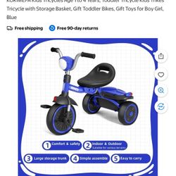 Tricycle for ages 1 to 4, with storage basket, blue.