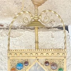 Beautiful Ornate Brass Hanging Chandelier With Precious Gem Inlays 