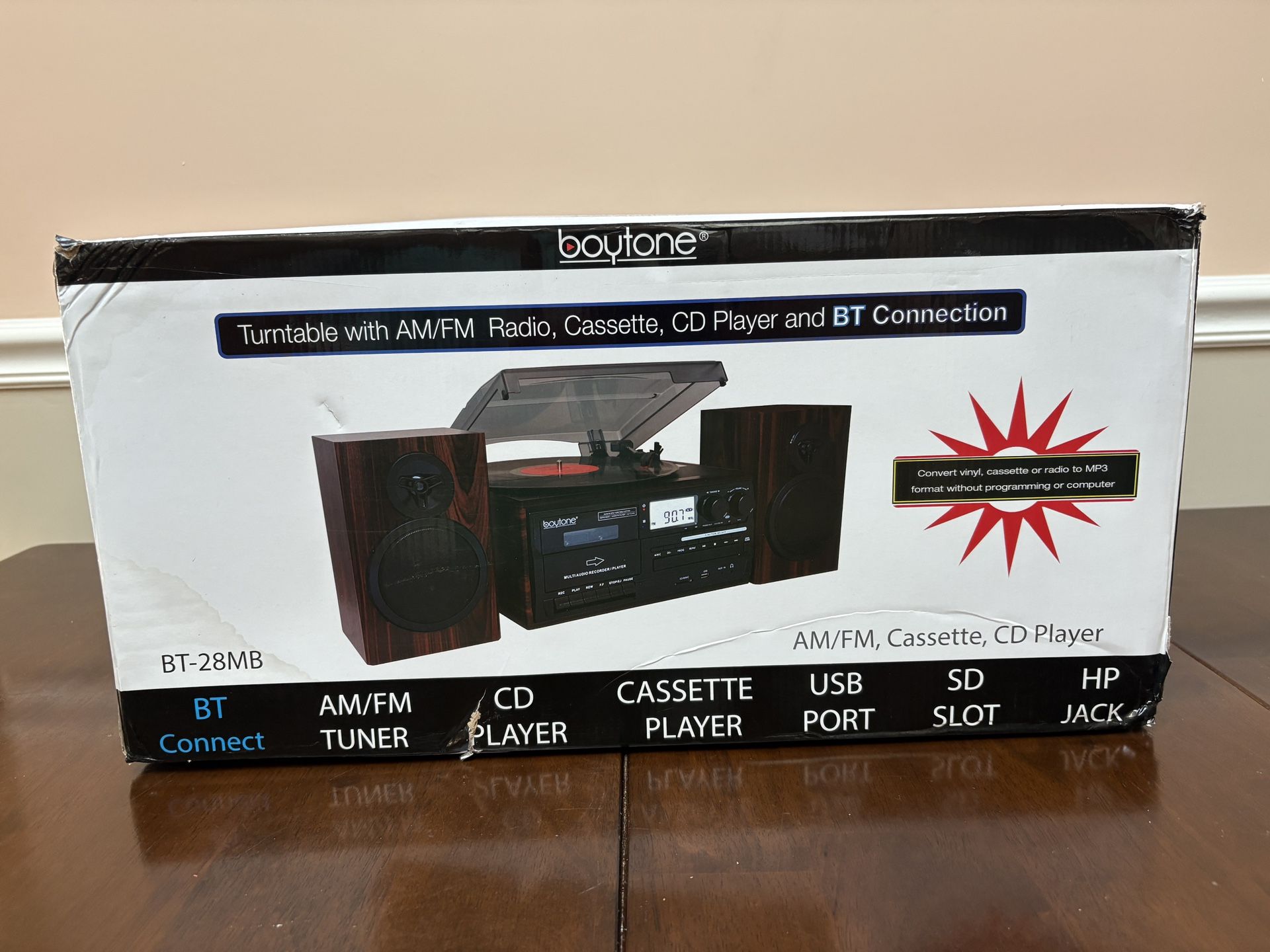Boytone BT-28MB, Bluetooth Classic Style Record Player Turntable with AM/FM