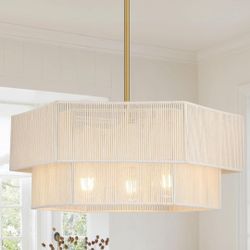 19.7in Hand Woven Rattan Drum Chandelier, Adjustable Boho Pendant Light, White