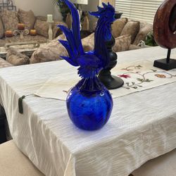 Pair Of Cobalt Blue Blown Glass Rooster Bowl 