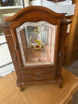 Wooden Jewelry Armoire with Stained Glass Door