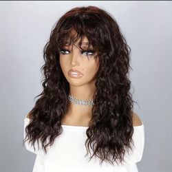 Human hair blend dark brown curly wavy wig with bang