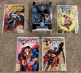 Set of Superman Memorabilia—UNOPENED ACTION FIGURE & FOUR MINT COMIC BOOKS