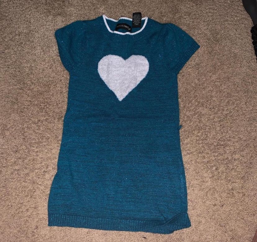 Blue and white knit heart sweater dress