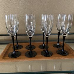 Vintage Luminarc Set Of 8 Champagne Glasses with Black Stems & Signed Danmsrk Teak Serving Tray
