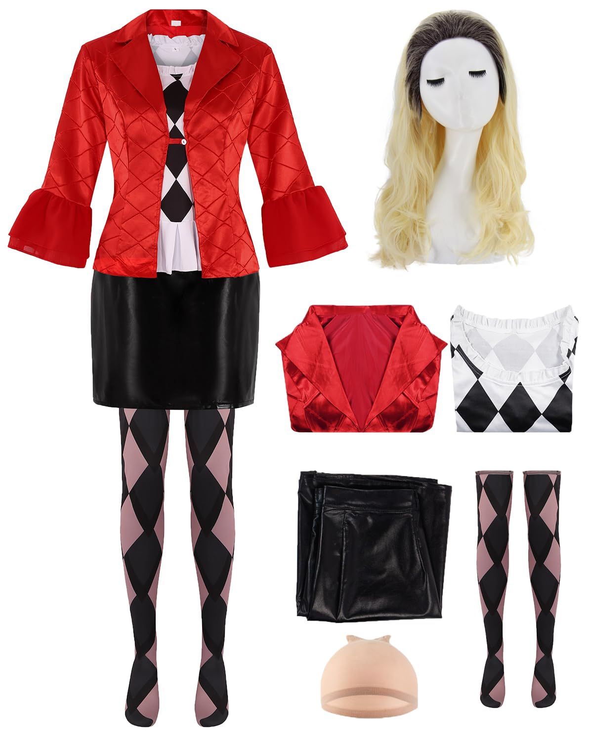 Cabeny Adult Halloween Costumes For Clown Costume Women Lady Suit Dress Costume Set With Blonde Wig For Halloween Party Dress Up