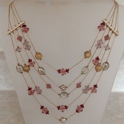 Gold Tone 5 Strands with  Plum Crystals