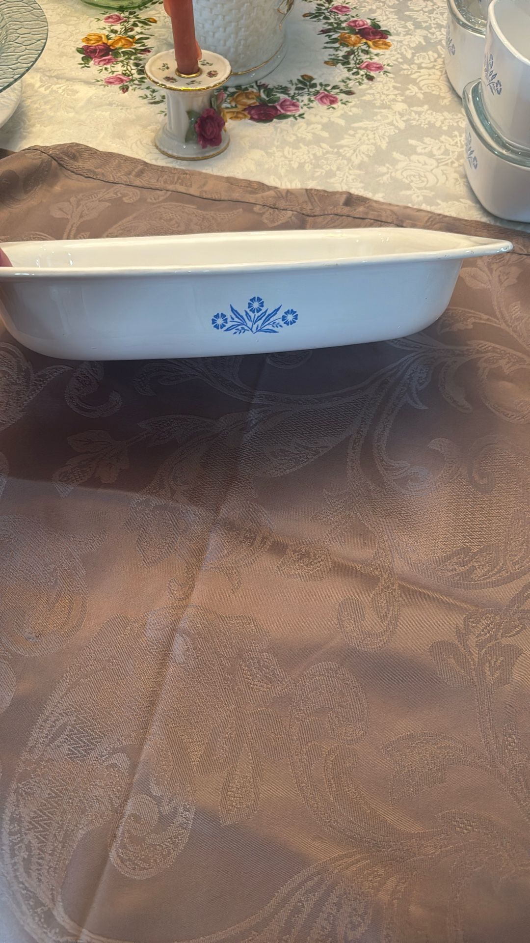 Corning ware, roaster, corn, flour, blue