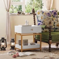 White and Gold End Table with Drawer Set of 2