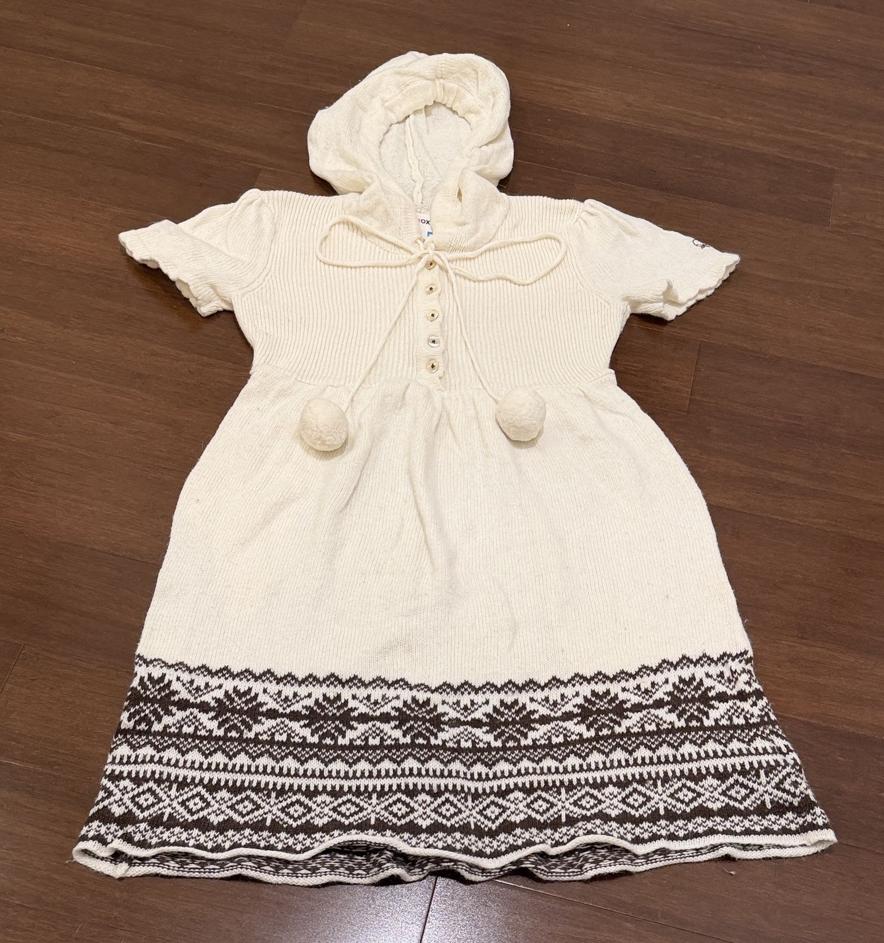 Roxy Cozy Cream and Brown Knit Hooded Sweater Dress