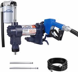 Fuel Transfer Pump AC 115V, 20 GPM Max, with Auto Shut-Off Nozzle, Hose Kit Tested 15 GPM through the 13 ft hose and auto nozzle, 10 ft suction lift,