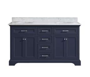 HDC Windlowe 61" Double Sink Bath Vanity in Navy Blue with White Carrara Marble Top - R