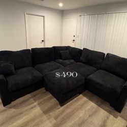4-pc Sectional Sofa With Ottoman  Black Corduroy New