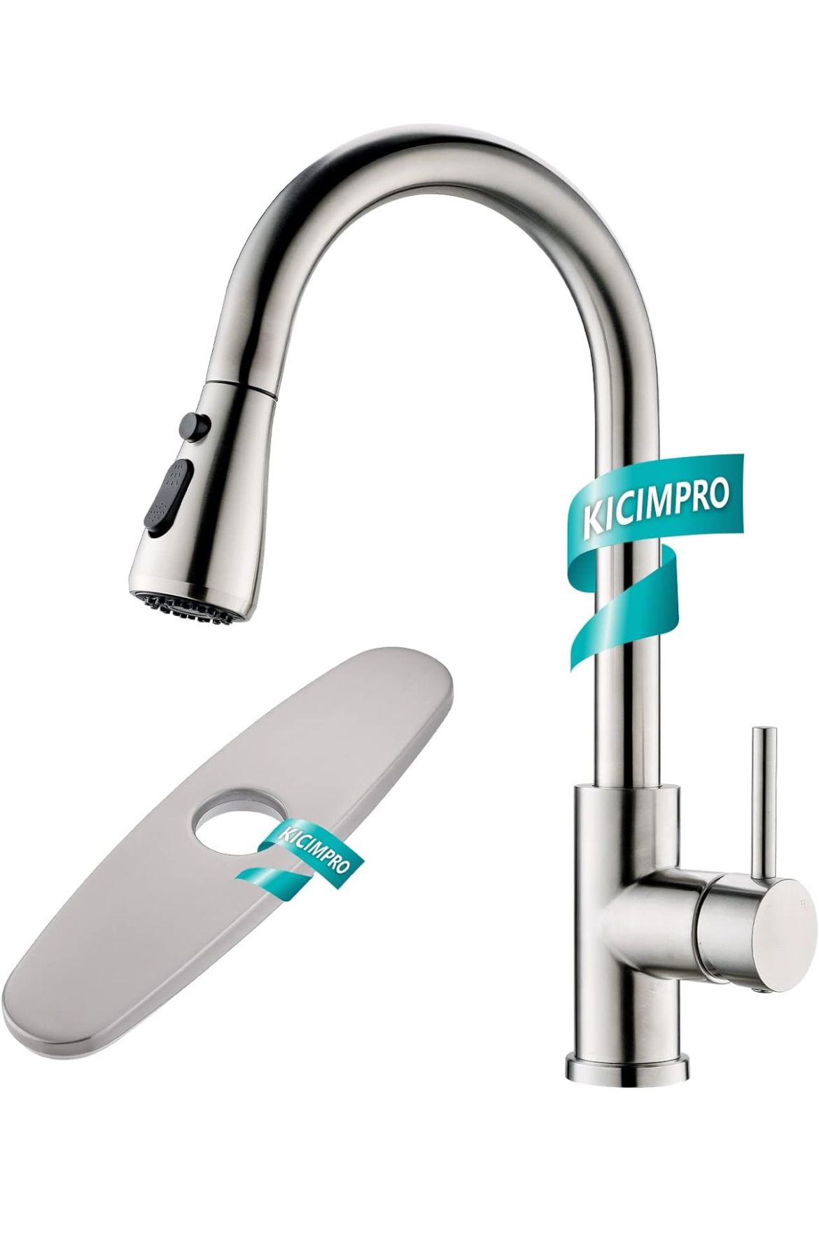YUL Kicimpro Kitchen Faucet with Pull Down Sprayer Brushed Nickel, High Arc Single Handle Kitchen Sink Faucet with Faucet Plate