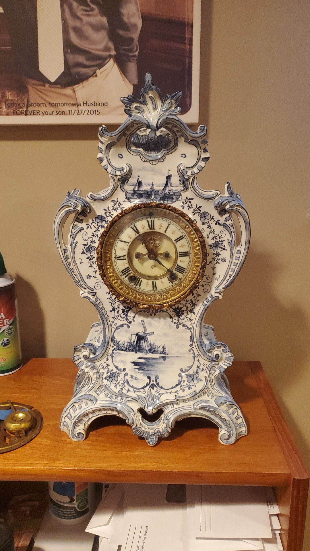 Royal Bonn Delft Porcelain Mantel Clock Antique