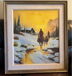 Vintage Original Oil Painting Western Winter Cowboy Scene, Signed Tom McGhee 24" x 24" Framed