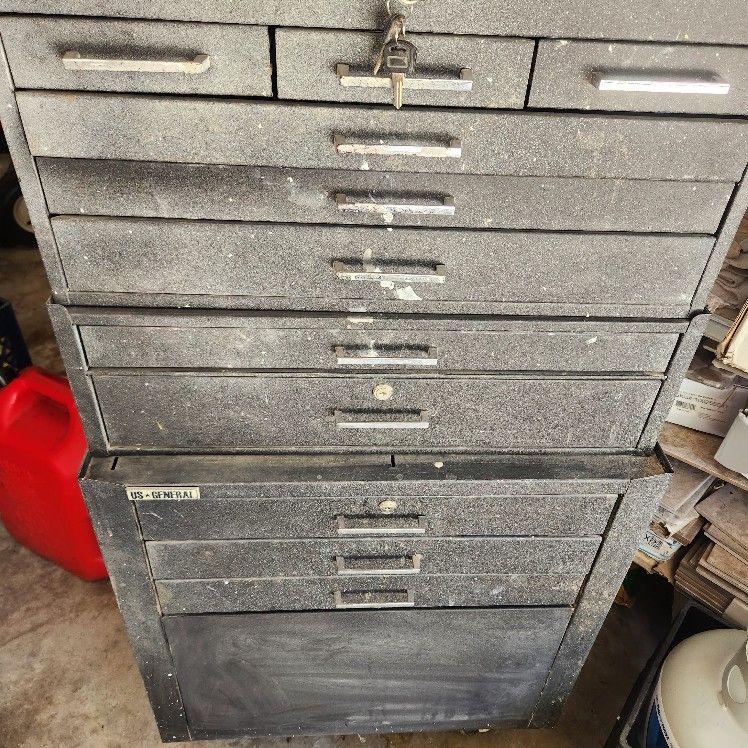 Handing pick up 11 drawer toolbox on casters.