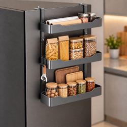 [NEW] [NEW] 3-Tier Steel Fridge Side Rack w/ Hooks - No Drilling Required (Adhesive)