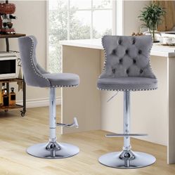 2X Gray Color Fabric Adjustable Barstools 