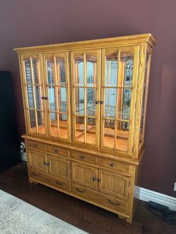 Oak China Cabinet with Lighted Display