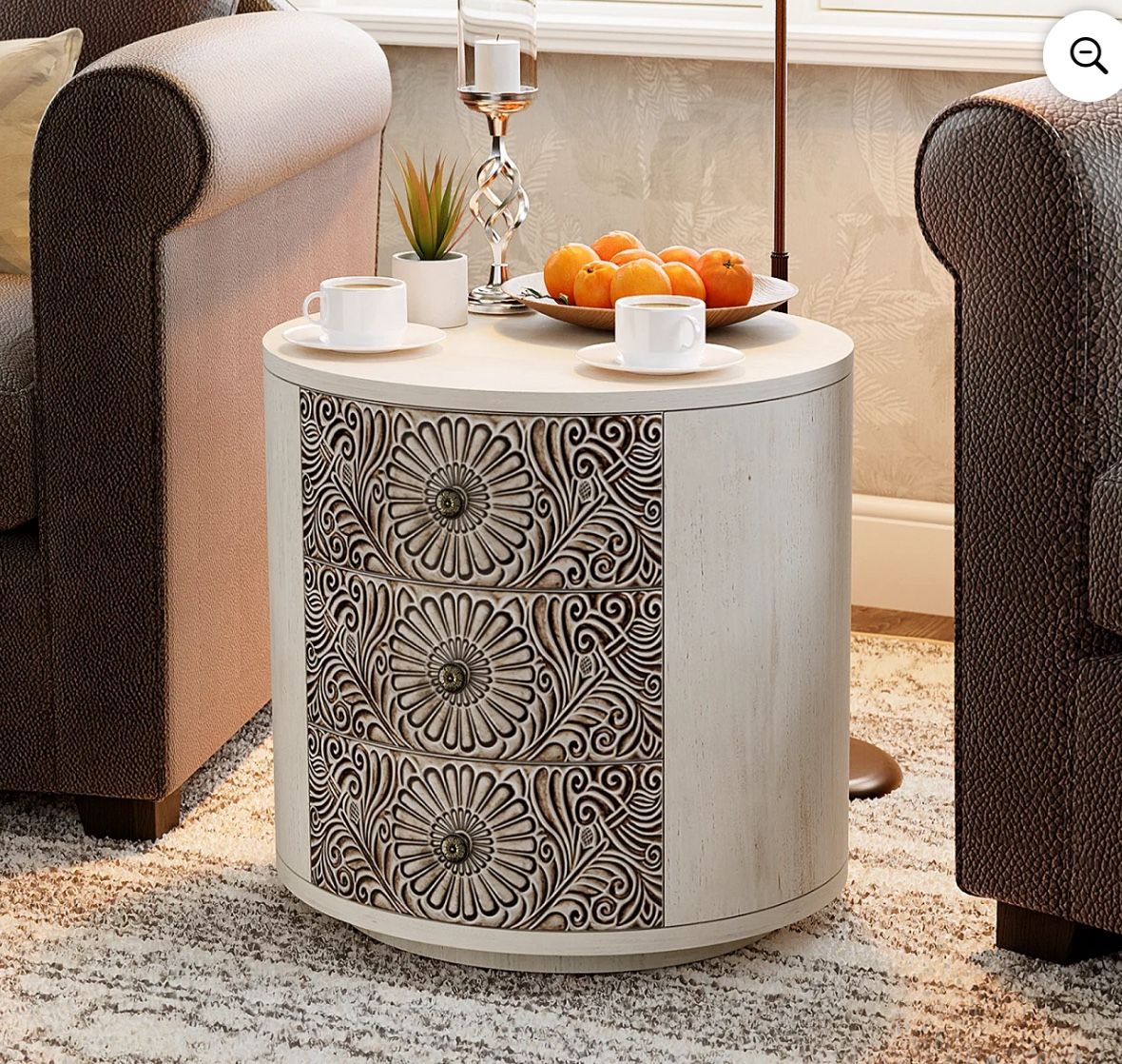 Round Light Gray 3-Drawer Nightstand,MDF Vintage Storage Cabinet for Bedroom, Living Room